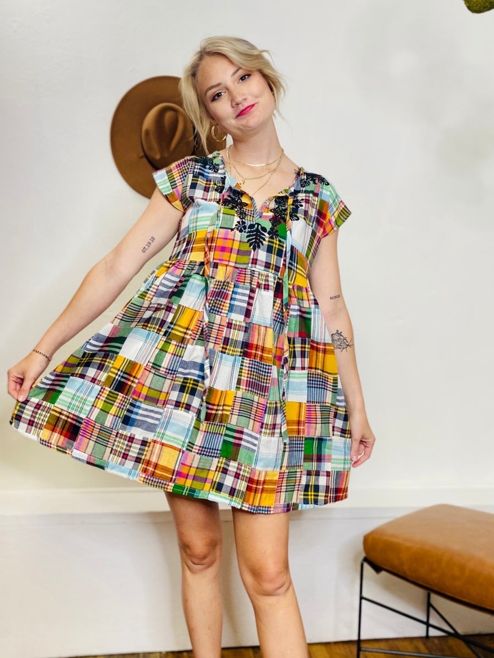 Kindom Size Small Kimberly Empire Colorful Patchwork Plaid Babydoll Dress